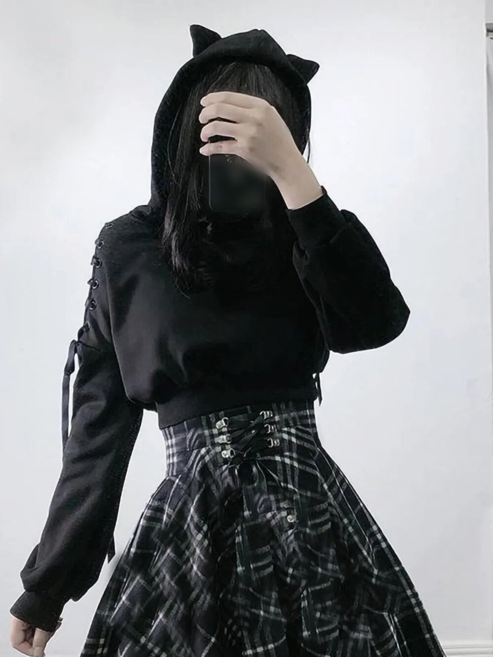 Gothic Cat Ear Crop Hoodie Off Shoulder Lace Up Sleeves Black Y2K Emo Pullover